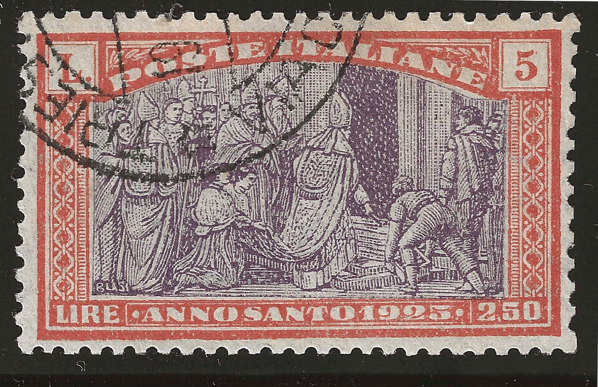 1924 Regno d'Italia - Francobollo da 5 l. + 2,50 Anno Santo 1925 usato firmato Colla