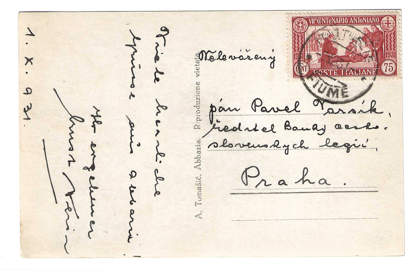 1931 Regno d'Italia Cartolina da Fiume a Praga con francobollo 75 c. morte Sant'Antonio