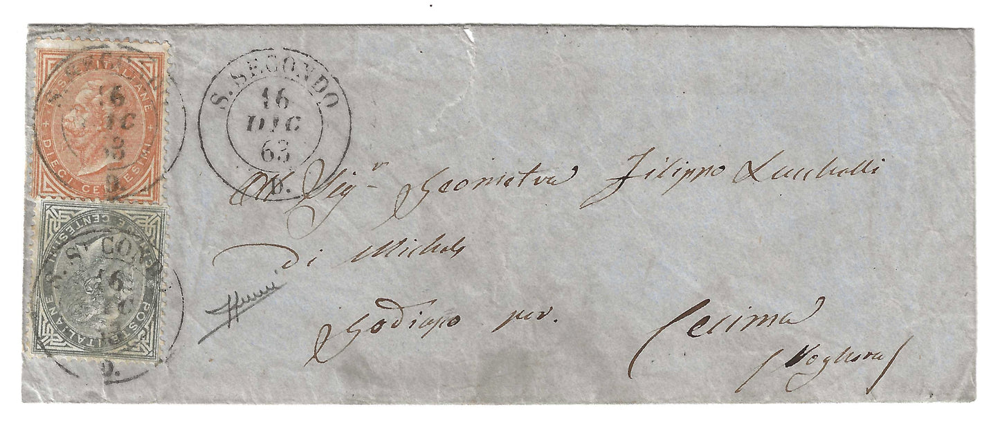 1863 Regno d'Italia - Busta da S. SECONDO D. a Cecina con francobolli 5 e 10 c. DLR usati nel dicembre