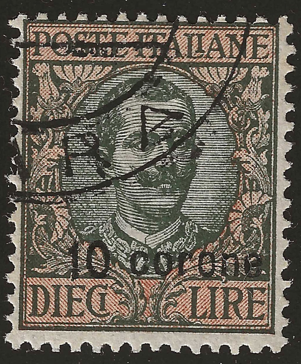 1921 Occupazioni Dalmazia - Francobollo da 10 C. su 10 lire Floreale usato firmato Colla