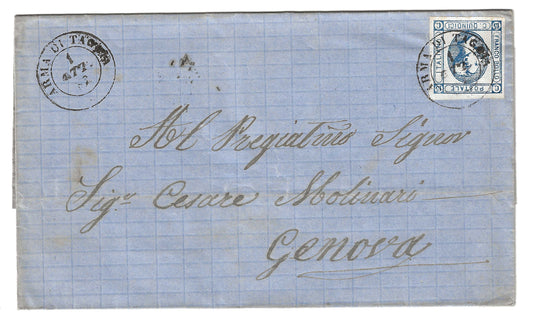 1863 Regno d'Italia - Piego da ARMA DI TAGGIA a Genova con francobollo da 15 c. litografico II tipo