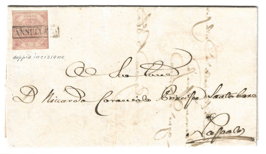 1858 Regno di Napoli - Piego per Napoli da Isernia con francobollo da 2 grana con doppia incisione