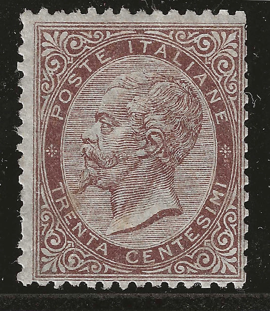 1863 Regno d'Italia - Francobollo 30 cent. De La Rue Londra nuovo senza gomma difettoso