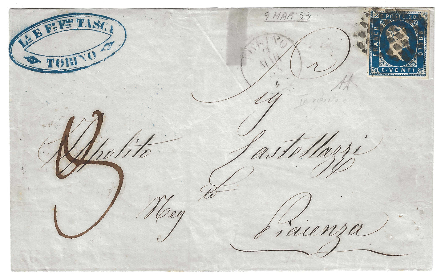 1851 Regno di Sardegna - Piego da Torino a Piacenza con francobollo da 20 c. azzurro tassata 30 c.