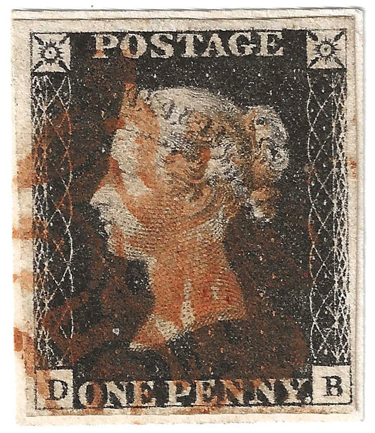 1840 Gran Bretagna - Francobollo 1 p. nero Penny Black su minimo frammento lettere DB