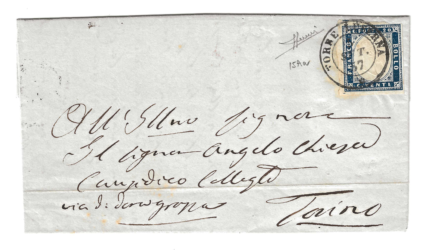 1860 Regno di Sardegna - Piego di lettera da TORRE LUSERNA a Torino con francobollo da 20 c. IV emissione
