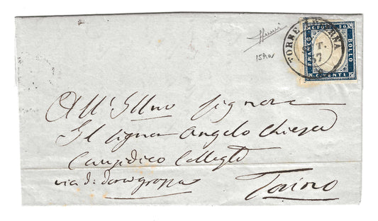 1860 Regno di Sardegna - Piego di lettera da TORRE LUSERNA a Torino con francobollo da 20 c. IV emissione