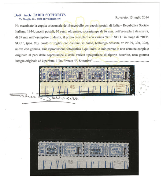 1944 Repubblica Sociale RSI - Coppia francobolli Pacchi Postali 30 c. varietà Sottoriva MNH**