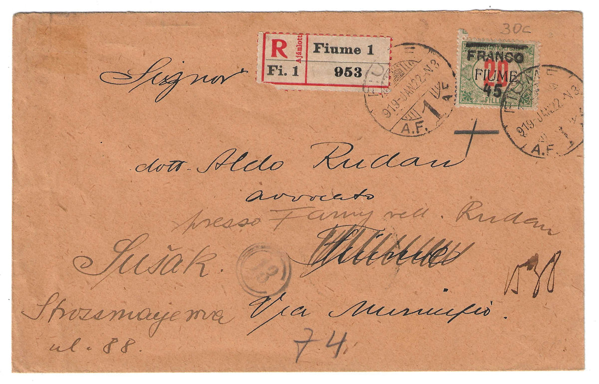 1919 Fiume - Busta per Susak con francobollo da 45 su 20 f. FRANCO 45 doppia soprastampa spostata