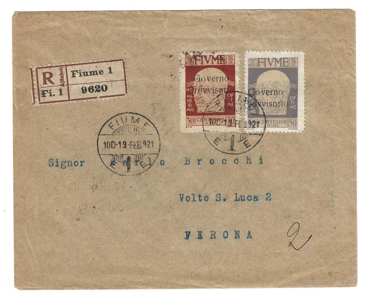 1921 Fiume - Busta per Verona con francobolli da 30 e 50 c. Governo Provvisorio D'Annunzio