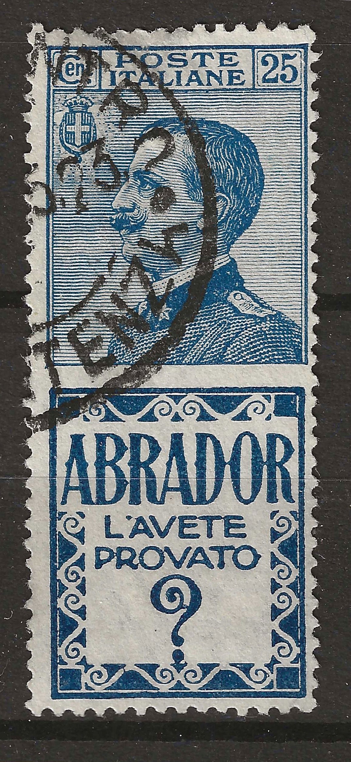 1925 Regno d'Italia - Francobollo pubblicitario 25 c. azzurro Abrador usato