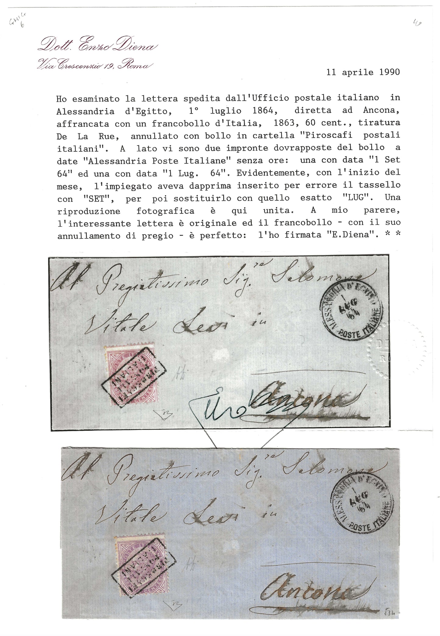 1864 Regno d'Italia - Lettera con francobollo 60 c. De La Rue da Alessandria d'Egitto e annullo Piroscafi Postali Italiani