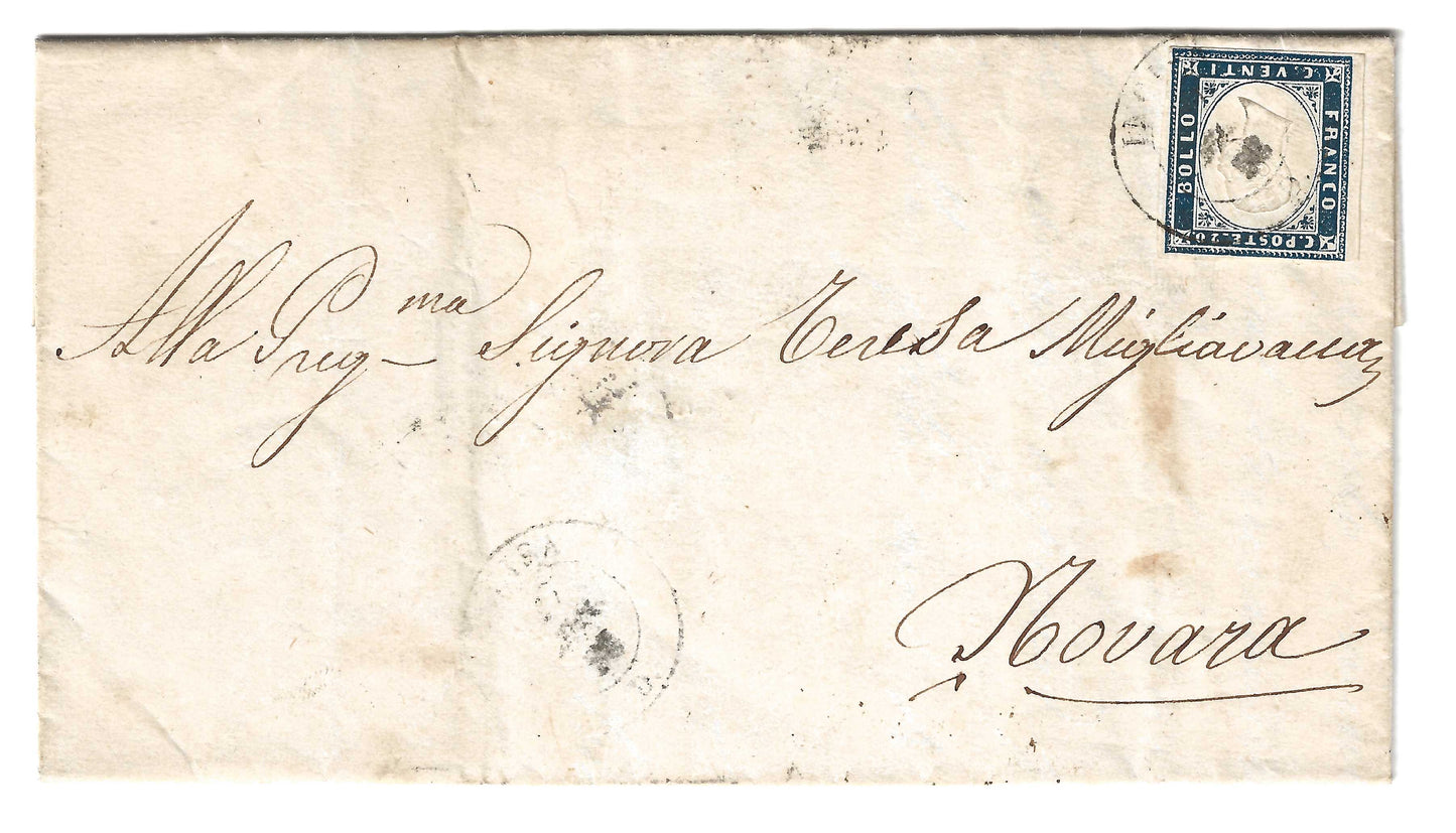 1858 Regno di Sardegna - Piego di lettera da INCISA a Novara con francobollo da 20 c. IV emissione