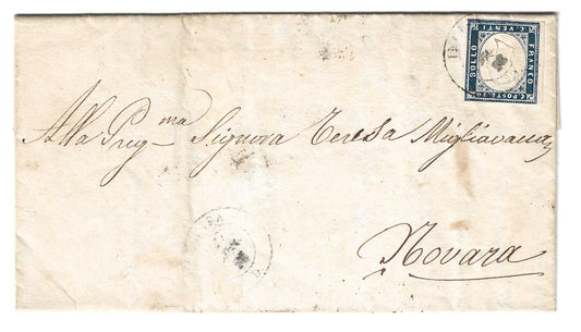 1858 Regno di Sardegna - Piego di lettera da INCISA a Novara con francobollo da 20 c. IV emissione