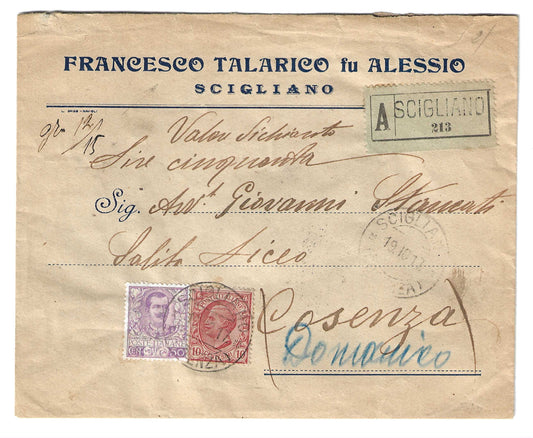 1917 Regno d'Italia Busta da Scigliano a Cosenza con francobollo 50 c. malva serie Floreale 1901