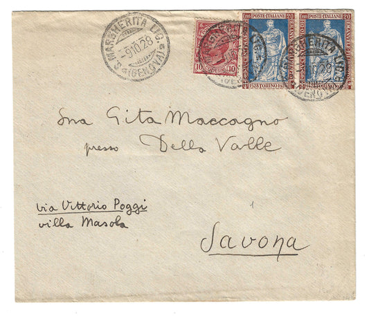 1928 Regno d'Italia Busta per Savona con coppia francobolli da 20 c. serie nascita Emanuele Filiberto