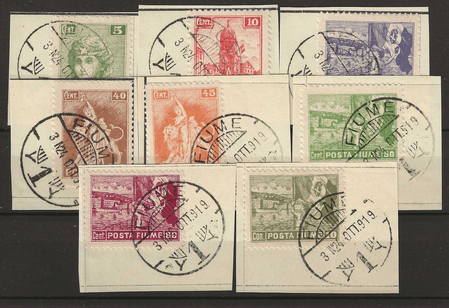 1919 Fiume - Serie completa francobolli Allegorie e Vedute POSTA FIUME su frammenti