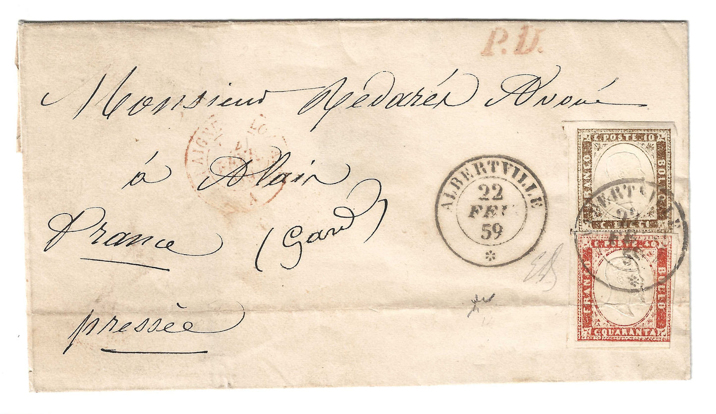 1859 Regno di Sardegna - Piego da Albertville ad Alais con francobolli da 10 e 40 c. IV emissione