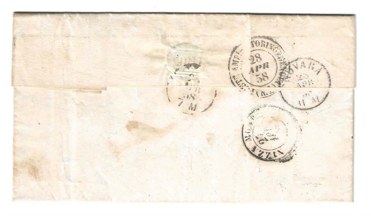 1858 Regno di Sardegna - Piego di lettera da INCISA a Novara con francobollo da 20 c. IV emissione