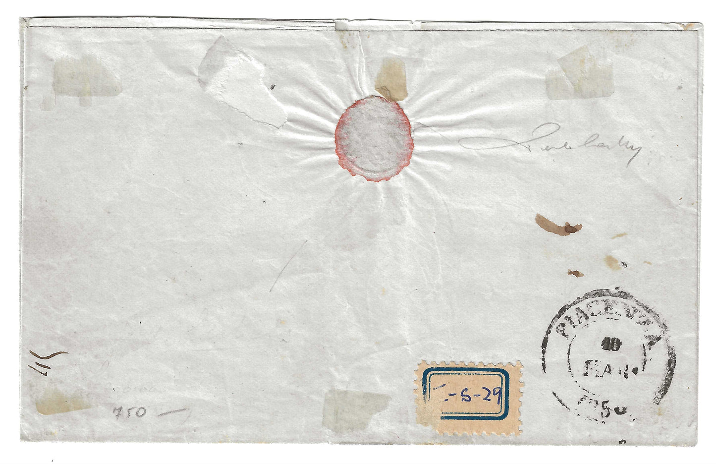 1851 Regno di Sardegna - Piego da Torino a Piacenza con francobollo da 20 c. azzurro tassata 30 c.