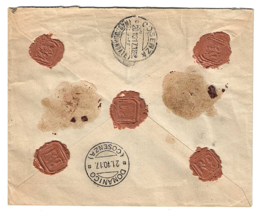 1917 Regno d'Italia Busta da Scigliano a Cosenza con francobollo 50 c. malva serie Floreale 1901
