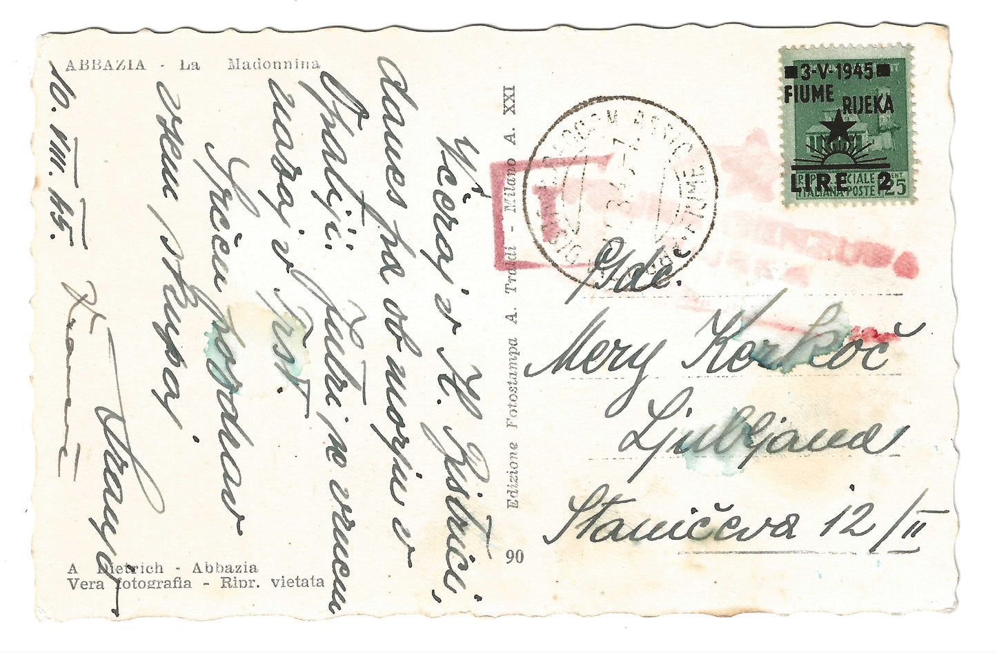 1945 Fiume - Cartolina da Abbazia con francobollo 2 l. su 25 c. soprastampato e bollo censura