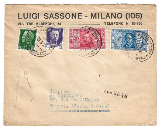 1932 Regno d'Italia Busta per la Francia con francobolli da 75 c. e 1,25 l. serie Società Pro Dante