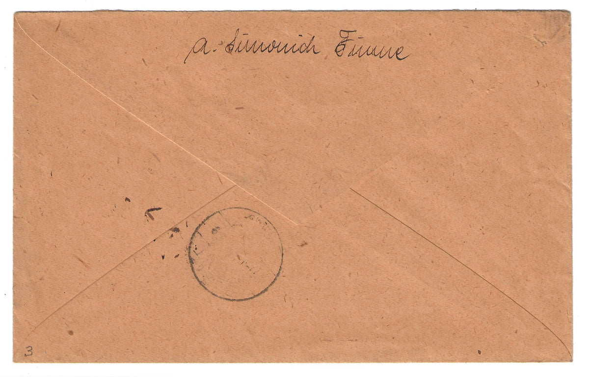 1919 Fiume - Busta per Susak con francobollo da 45 su 20 f. FRANCO 45 doppia soprastampa spostata