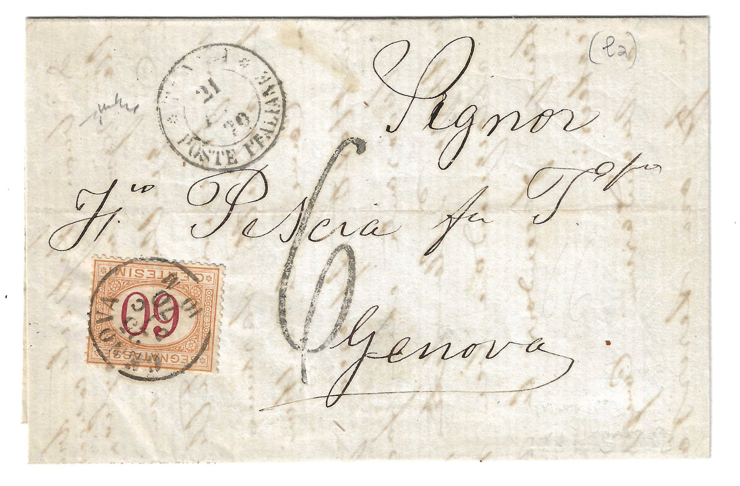 1870 Regno d'Italia - Piego da Tunisi a Genova tassato con 10 c. Segnatasse