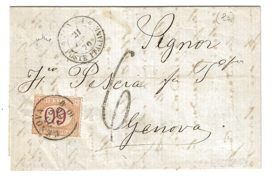 1870 Regno d'Italia - Piego da Tunisi a Genova tassato con 10 c. Segnatasse