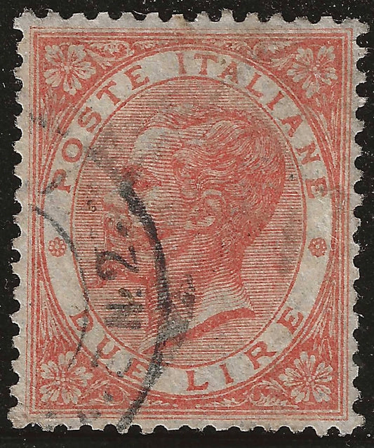 1863 Regno d'Italia - Francobollo da 2 lire De La Rue Londra usato ottimamente centrato