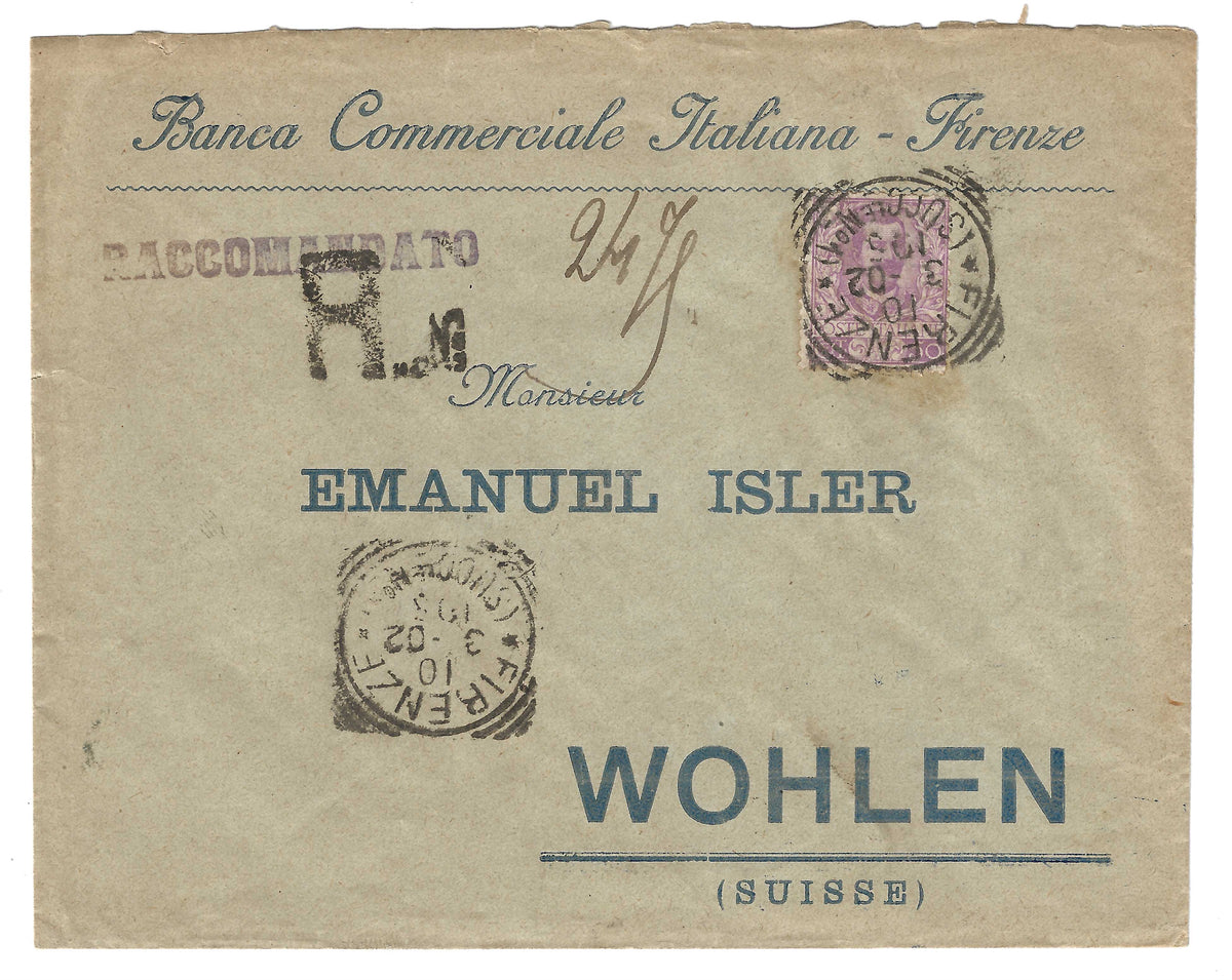 1901 Regno d'Italia - Francobollo da 50 c. malva Floreale isolato su busta per la Svizzera