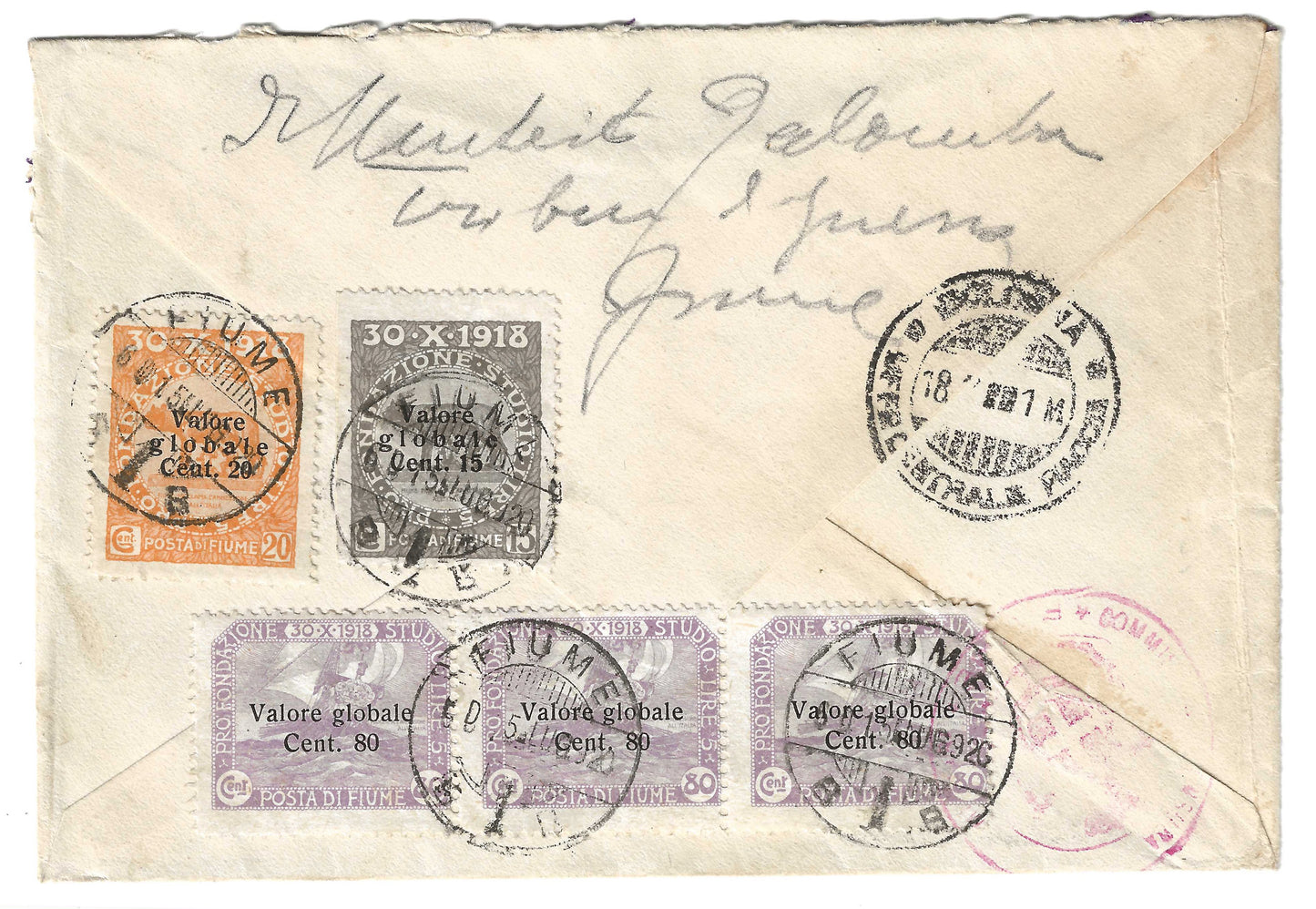 1920 Fiume - Lettera per Bologna con francobolli Valore Globale 15 + 20 c. e 80 c.