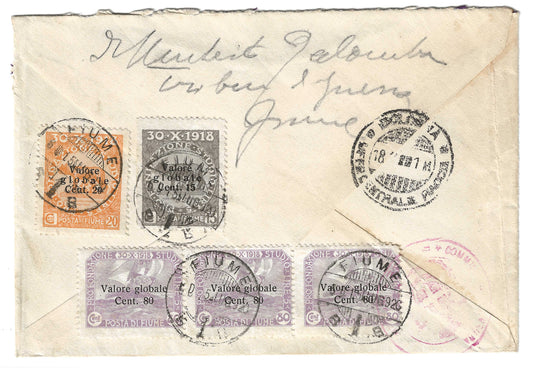 1920 Fiume - Lettera per Bologna con francobolli Valore Globale 15 + 20 c. e 80 c.