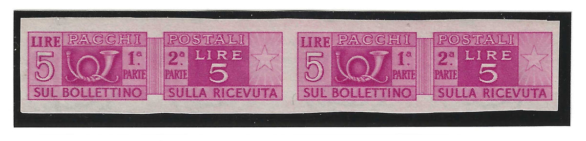1946 Repubblica italiana - Francobolli da 5 l. Pacchi Postali non dentellati in coppia MNH**