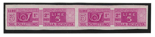 1946 Repubblica italiana - Francobolli da 5 l. Pacchi Postali non dentellati in coppia MNH**