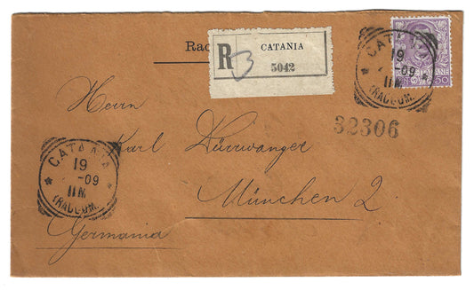 1909 Regno d'Italia - Raccomandata per la Germania con francobollo 50 c. malva serie Floreale