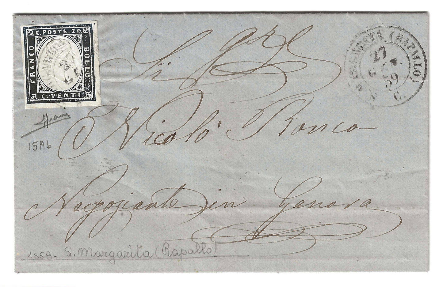 1859 Regno di Sardegna - Piego di lettera da S. MARGHERITA RAPALLO a Genova con francobollo da 20 c. IV emissione