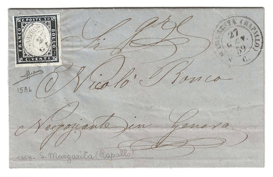 1859 Regno di Sardegna - Piego di lettera da S. MARGHERITA RAPALLO a Genova con francobollo da 20 c. IV emissione