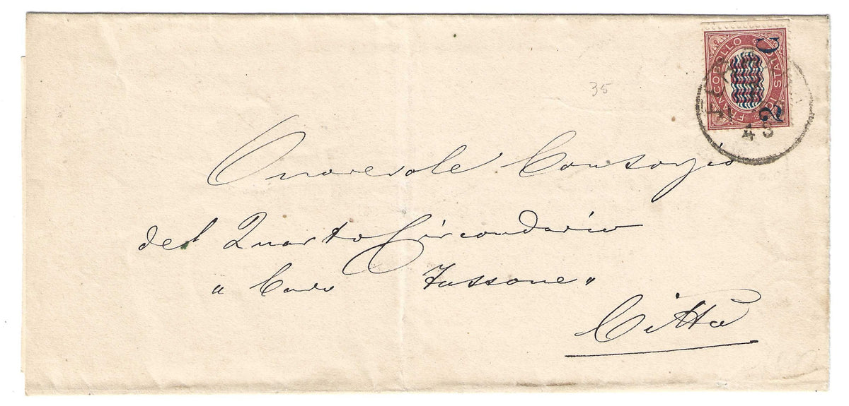 1878 Regno d'Italia - Francobollo da 2 c. su 0,05 lacca Servizio di Stato su piego annullo di Ferrara
