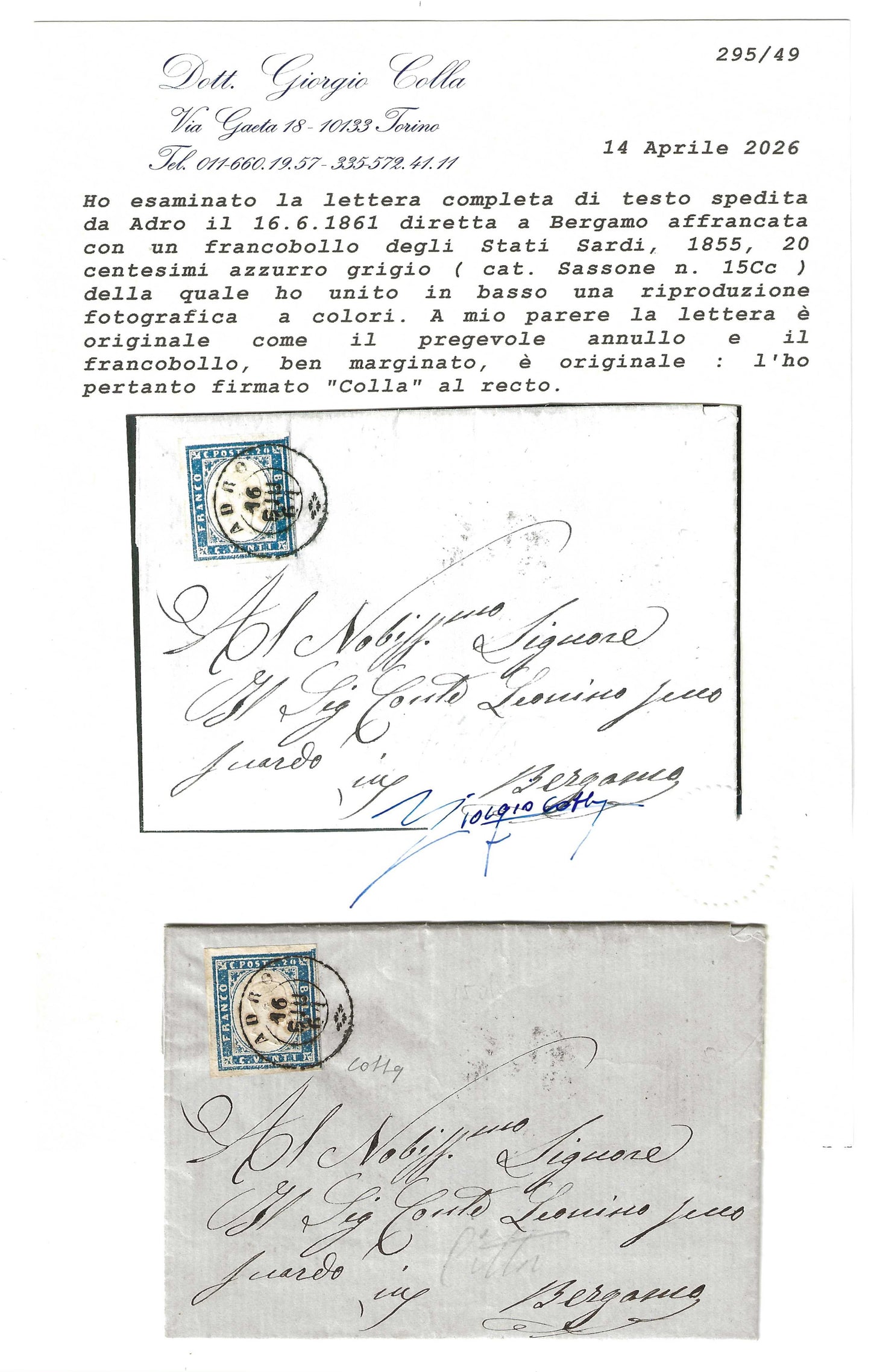 1861 Regno di Sardegna Piego con francobollo 20 c. azzurro grigio Sassone 15Cc e annullo di Adro