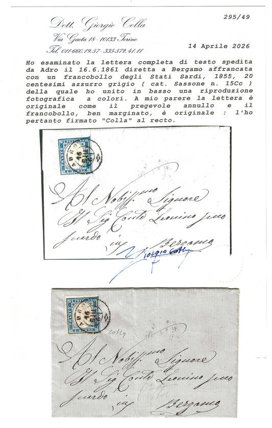 1861 Regno di Sardegna Piego con francobollo 20 c. azzurro grigio Sassone 15Cc e annullo di Adro