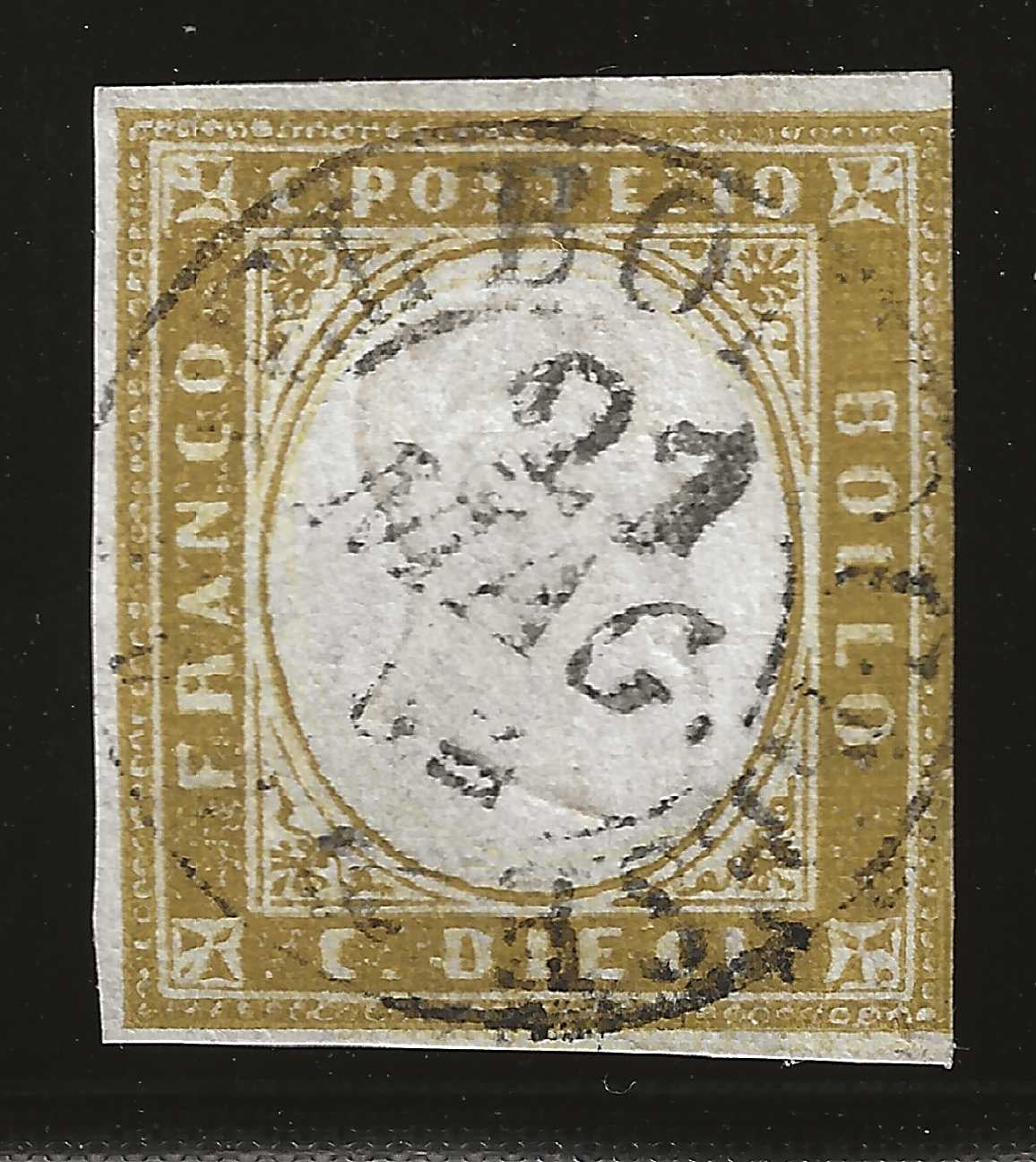 1862 Regno di Sardegna - Francobollo da 10 c. oliva chiaro riparato Sassone 14Db usato a Castel Bolognese