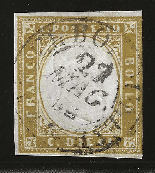 1862 Regno di Sardegna - Francobollo da 10 c. oliva chiaro riparato Sassone 14Db usato a Castel Bolognese