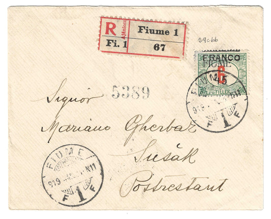 1919 Fiume Busta per Susak con francobollo 45 su 6 f. soprastampa FRANCO 45 fortemente spostata in alto