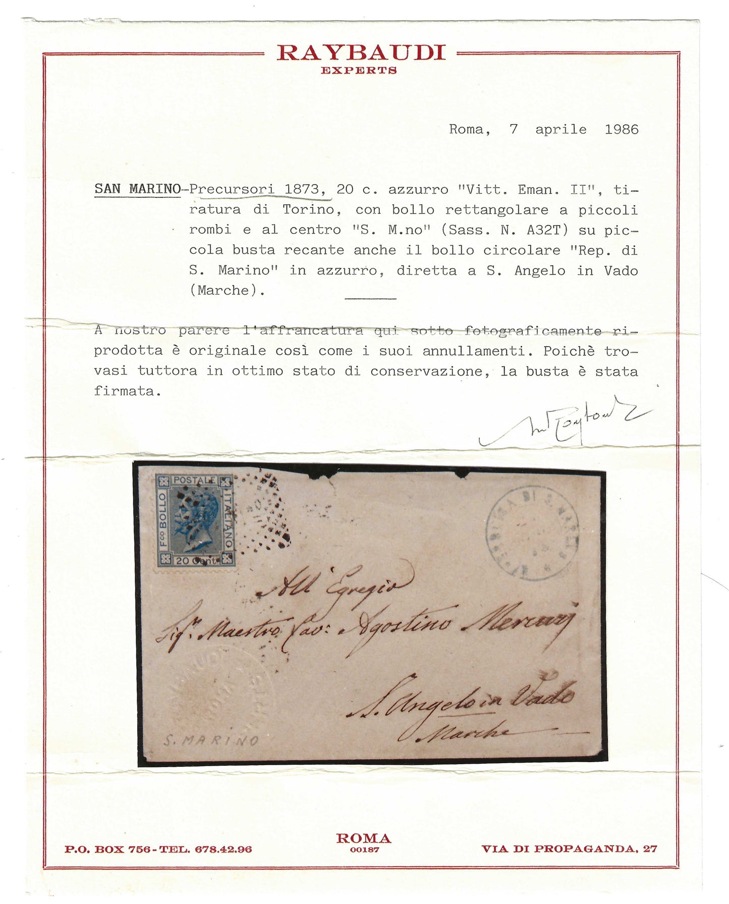 1873 Regno d'Italia Busta con 20 c. Bigola e annullo della Repubblica di San Marino