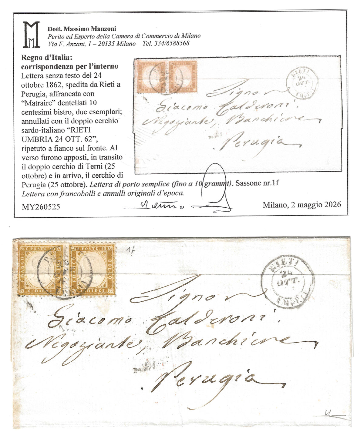 1862 Regno d'Italia - Francobolli da 10 cent. prima emissione su lettera da Rieti a Perugia