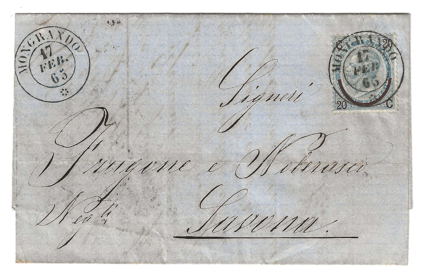 1865 Regno d'Italia - Piego da MONGRANDO a Savona con francobollo ferro di cavallo 20 su 25 c. III tipo