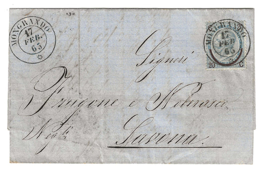 1865 Regno d'Italia - Piego da MONGRANDO a Savona con francobollo ferro di cavallo 20 su 25 c. III tipo