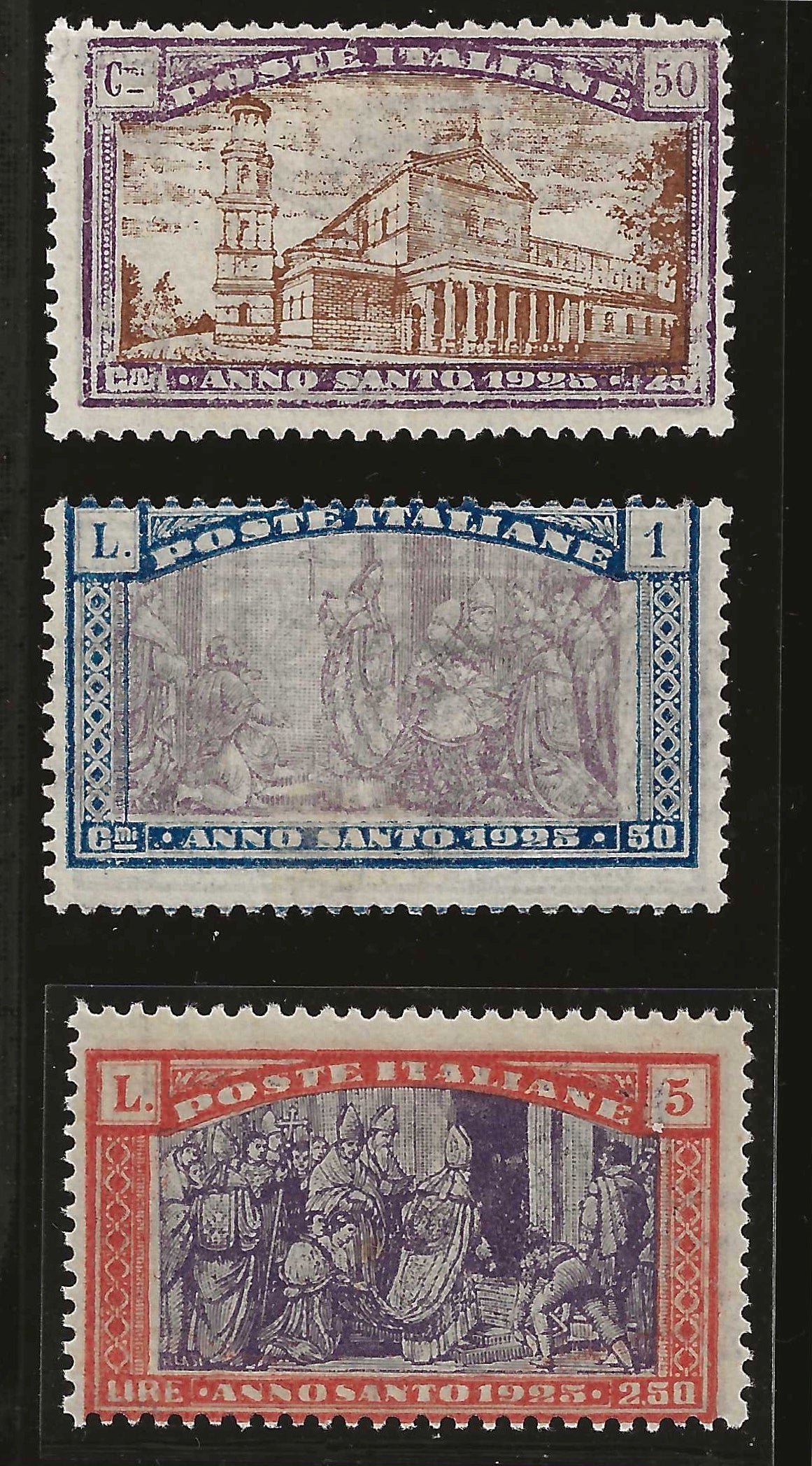 1924 Regno d'Italia - Francobolli da 50 c. 1 l. e 5 l. Anno Santo stampa recto verso MH*